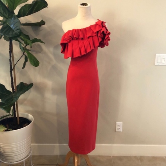 Red one shoulder ruffle dress - Picture 3 of 6